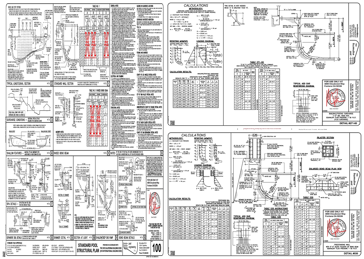 Stamped structural pool plan with engineering calculations, steel schedules, and code references