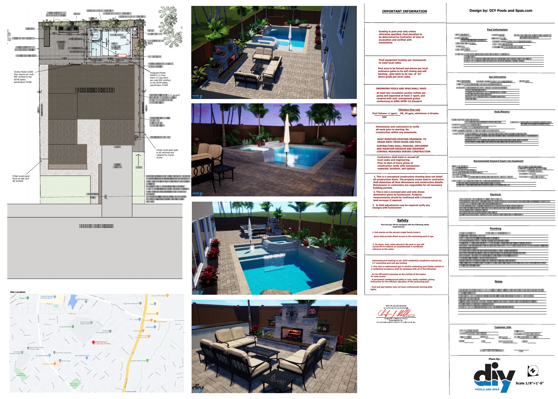 Permit-ready construction plan with site layout, renderings, and full equipment specs